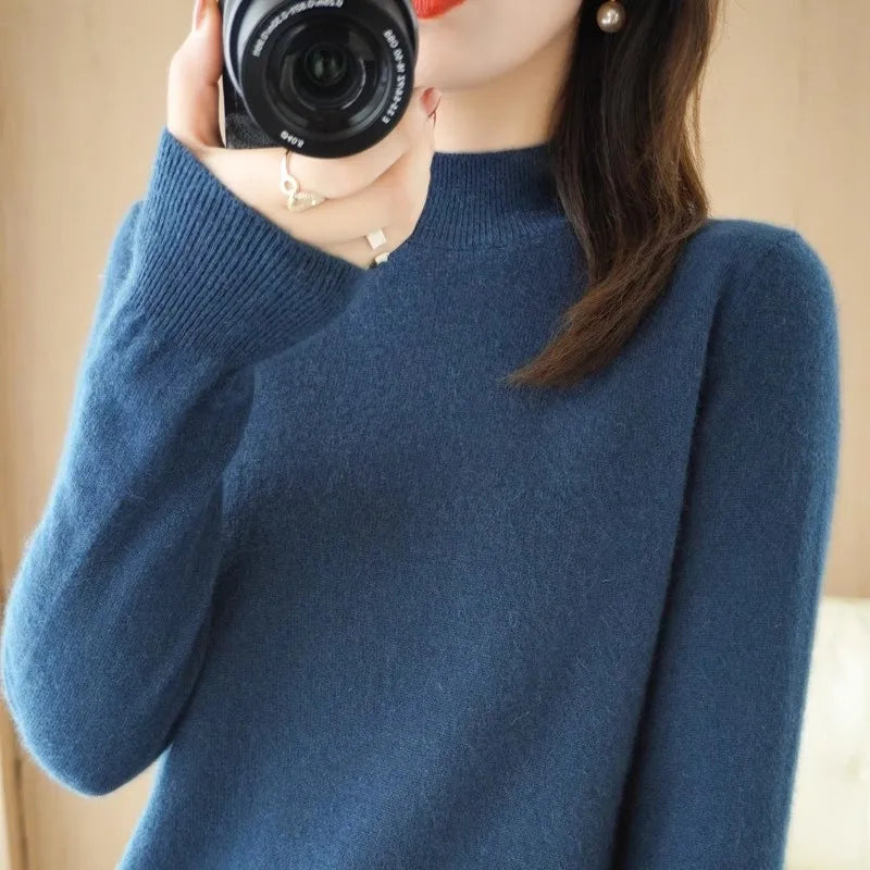 Women’s Warm High-Neck Knit Sweater – Autumn/Winter Long Sleeve Basic Top