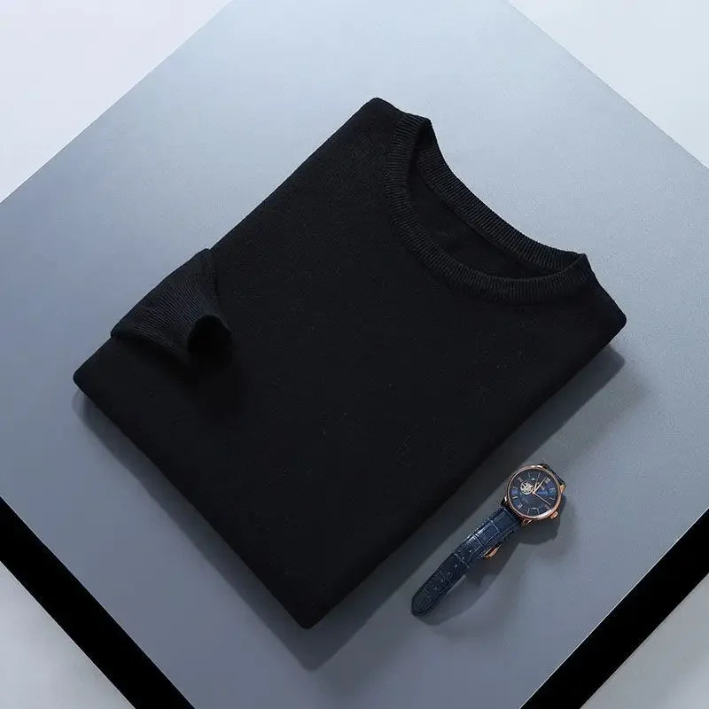 Men’s Soft Wool Sweater, Loose Round Neck Solid Warm Business Knit Top