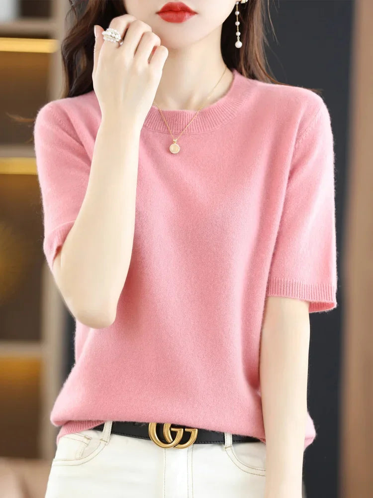 Short Sleeve O-Neck Knit Sweater for Women – Spring Summer Slim Pullover