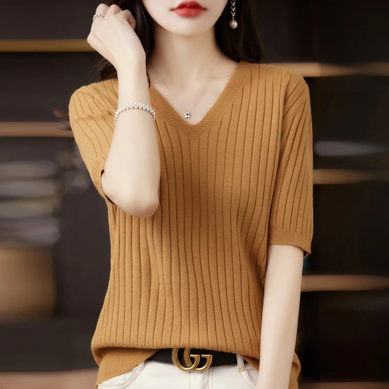 Women’s Short Sleeve V-Neck Knit Top – Casual Summer Stripe Pullover