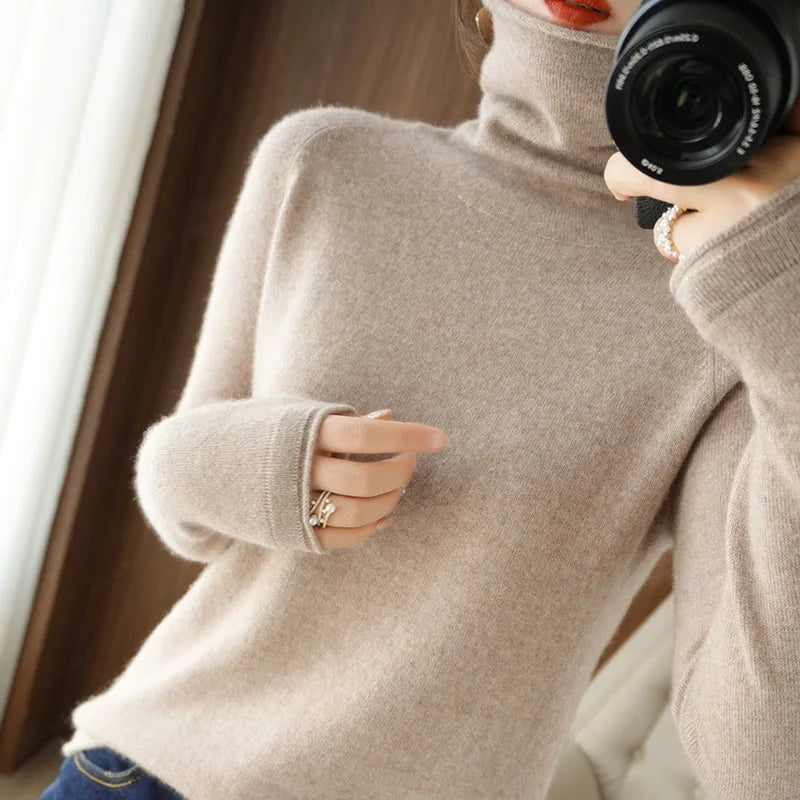 Women’s Turtleneck Slim Sweater, Solid High-Stretch Knit Top Autumn Winter