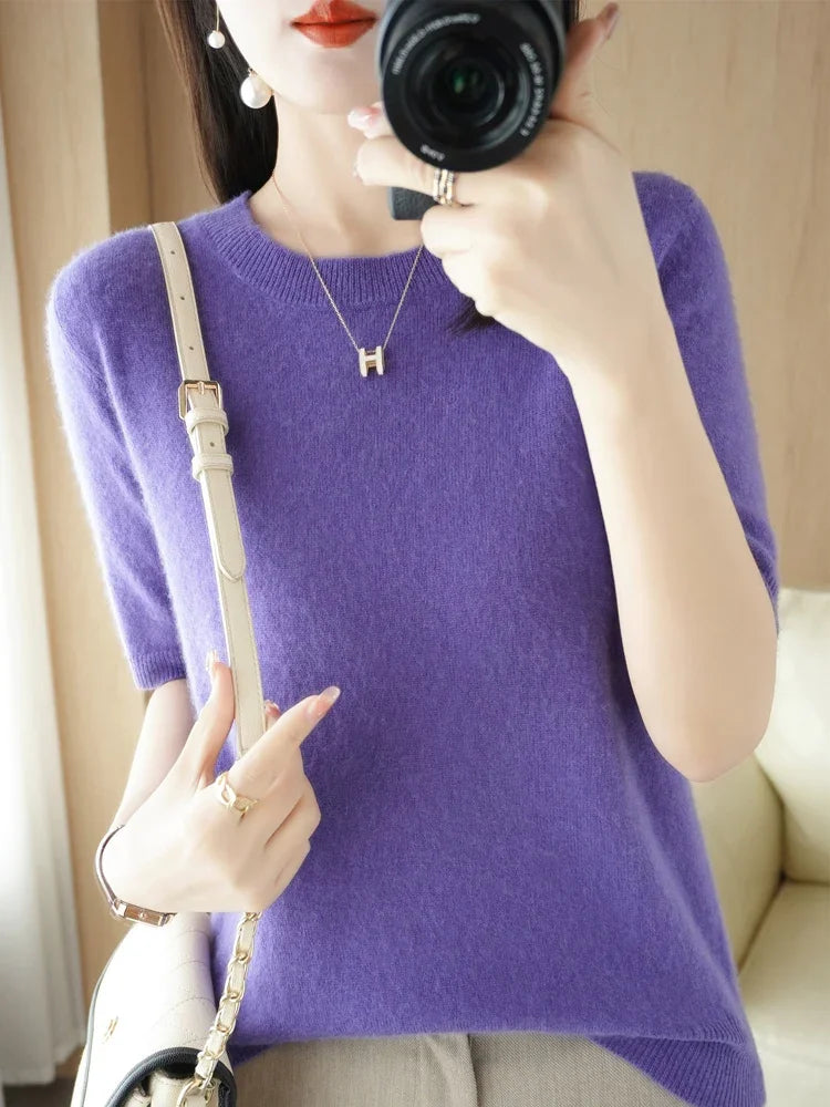 Short Sleeve O-Neck Knit Sweater for Women – Spring Summer Slim Pullover