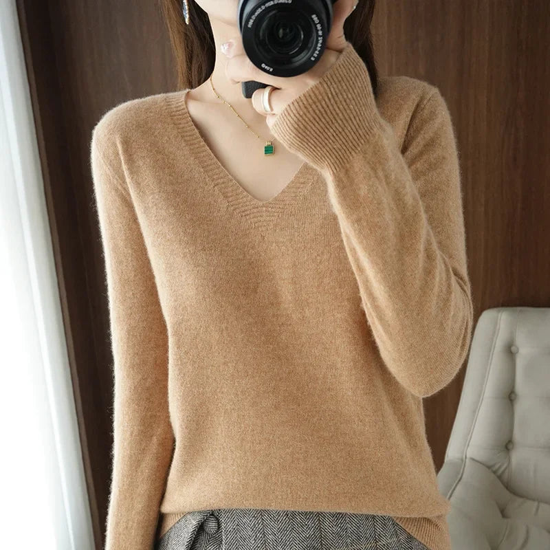 Women’s V-Neck Solid Knit Sweater – Casual Slim Fit Spring Autumn Top