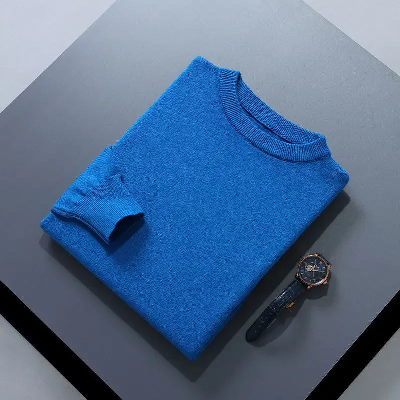 Men’s Soft Wool Sweater, Loose Round Neck Solid Warm Business Knit Top