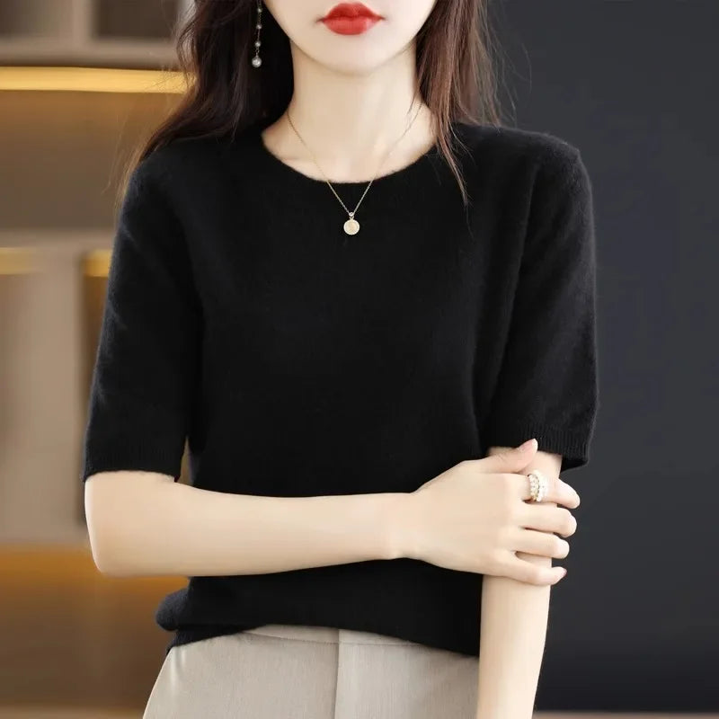 Short Sleeve O-Neck Knit Sweater for Women – Spring Summer Slim Pullover