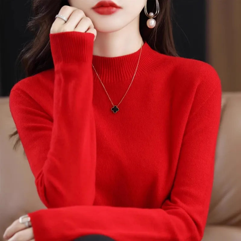 Women’s Warm High-Neck Knit Sweater – Autumn/Winter Long Sleeve Basic Top