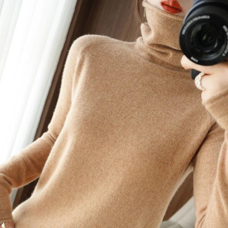 Women’s Turtleneck Slim Sweater, Solid High-Stretch Knit Top Autumn Winter