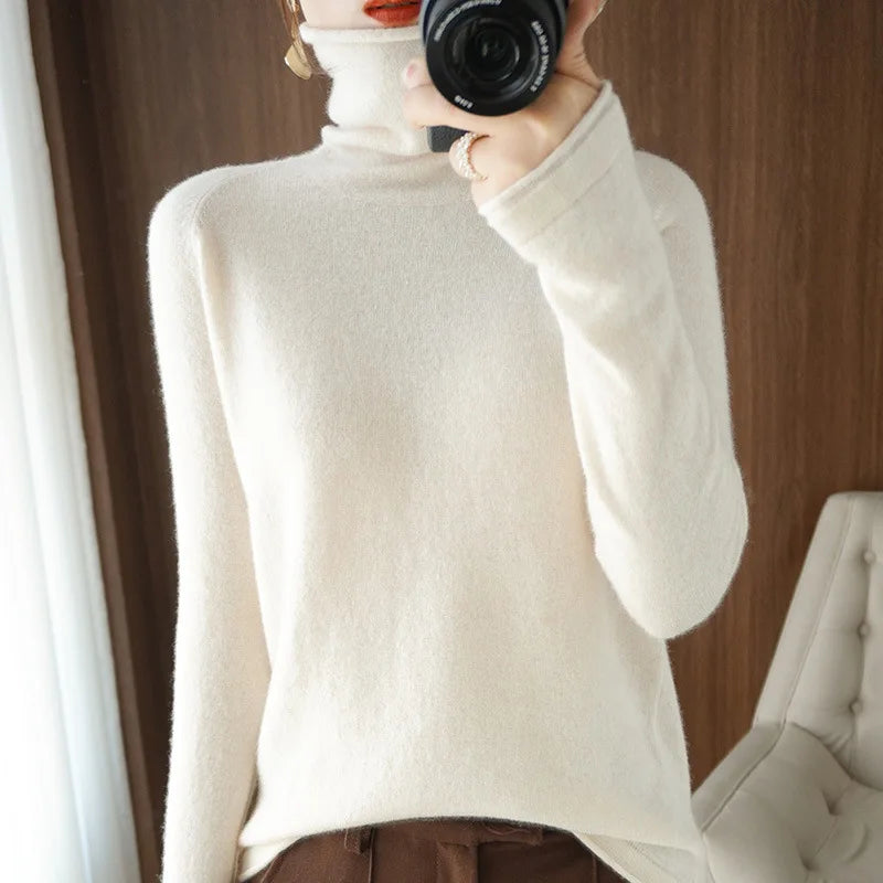 Women’s Turtleneck Slim Sweater, Solid High-Stretch Knit Top Autumn Winter