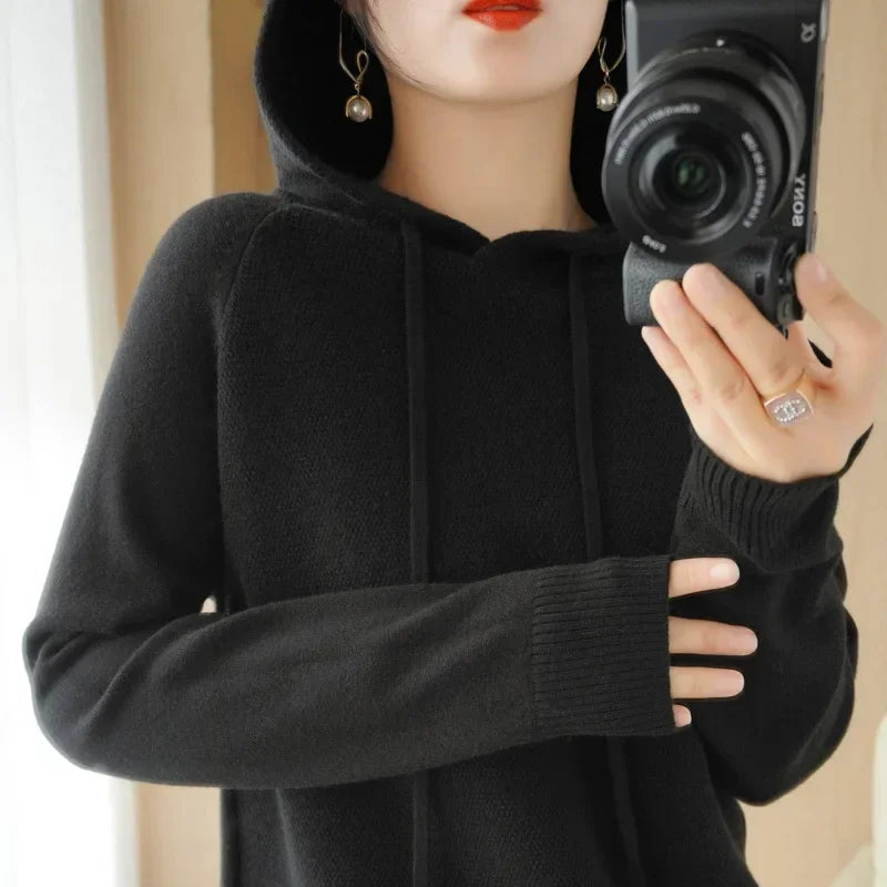 Women’s Hooded Knit Sweater – Warm Long Sleeve Autumn Winter Pullover