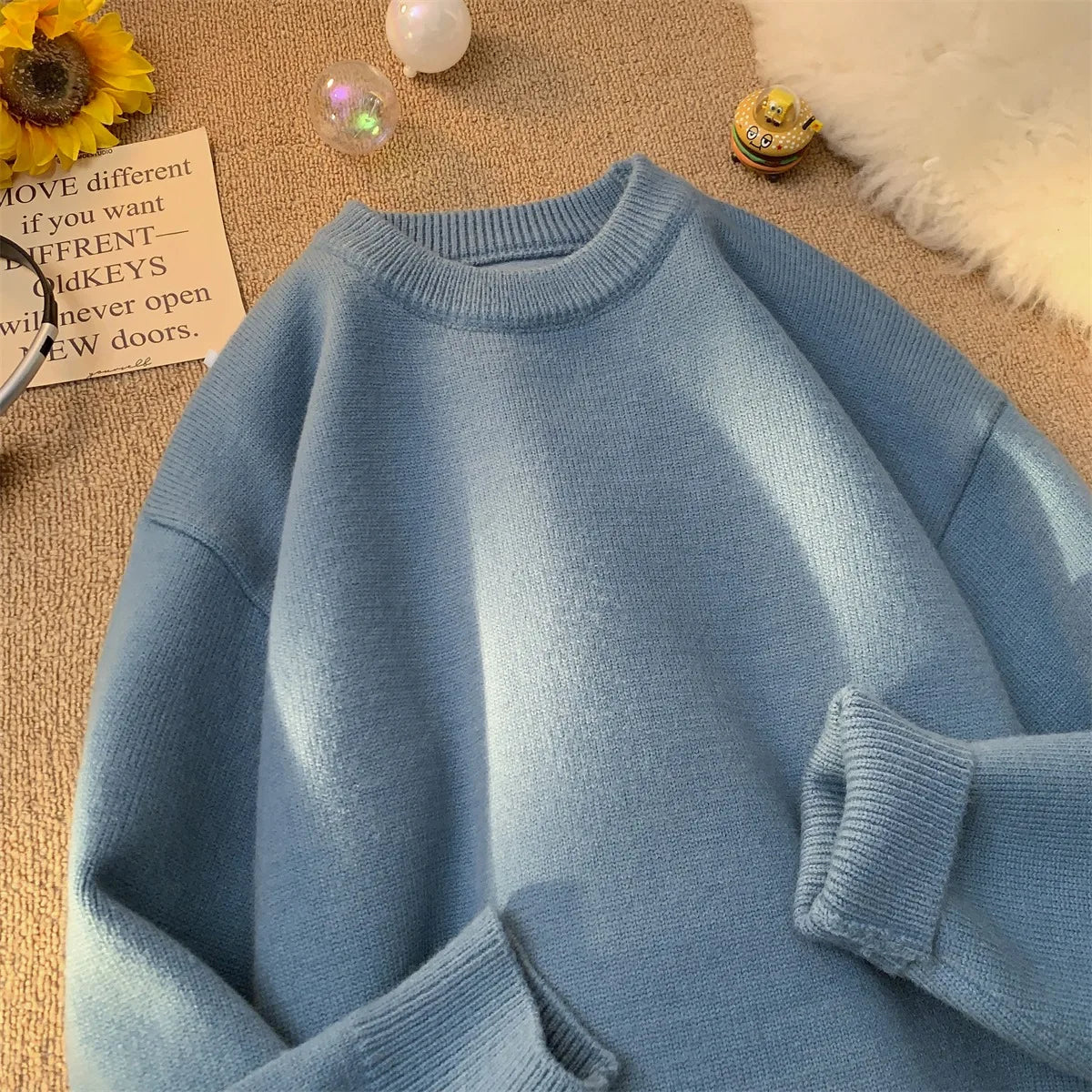 Men’s Loose Retro Knit Sweater, Simple Thick Winter Layering Pullover