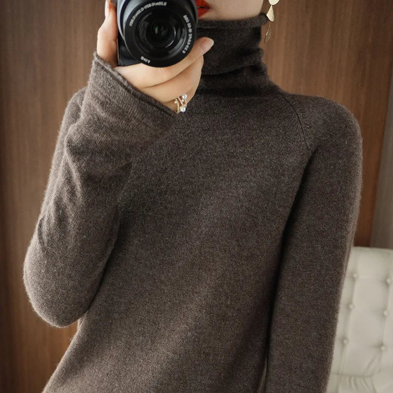 Women’s Turtleneck Slim Sweater, Solid High-Stretch Knit Top Autumn Winter