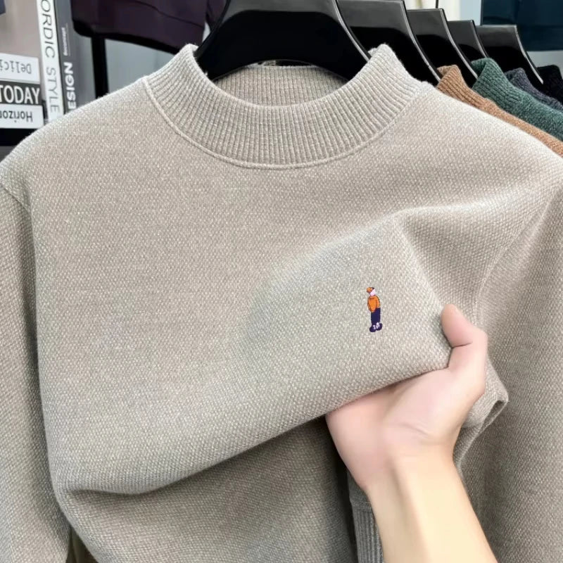 Men’s Velvet Knit Sweater – Luxury Embroidered Warm Winter Round-Neck Top