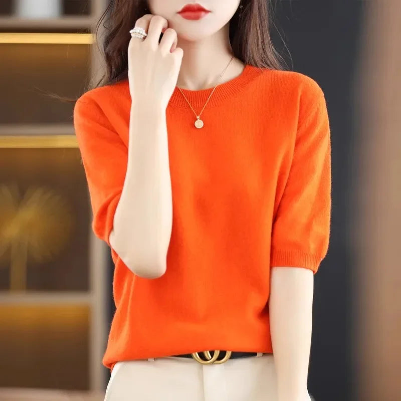 Short Sleeve O-Neck Knit Sweater for Women – Spring Summer Slim Pullover