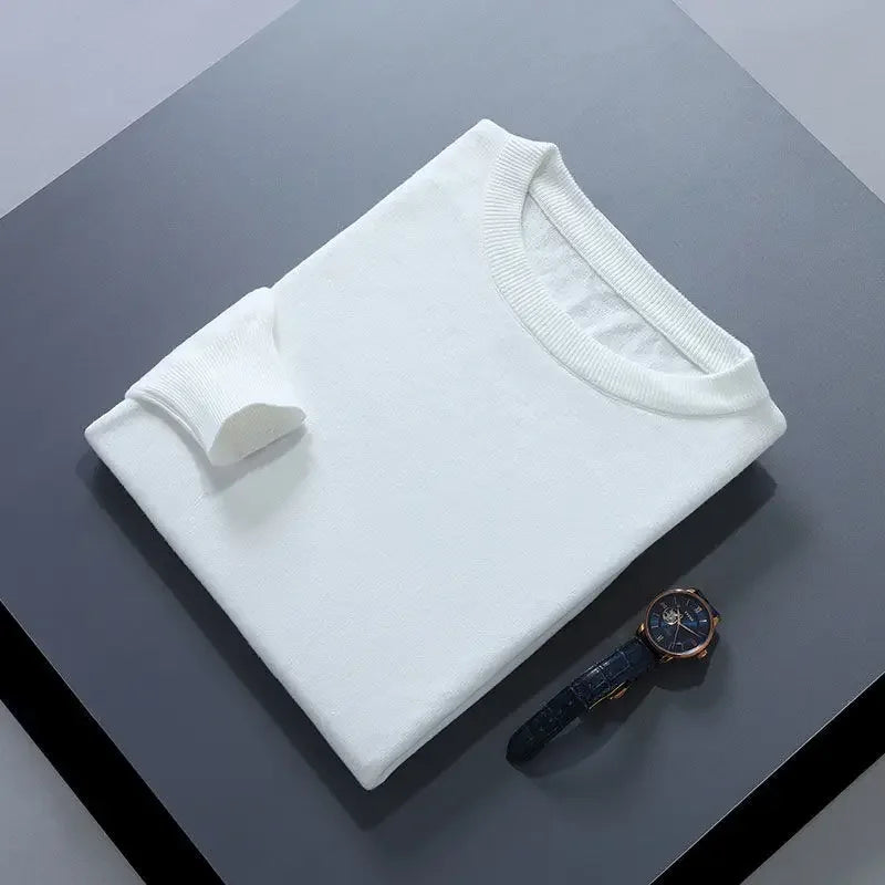 Men’s Soft Wool Sweater, Loose Round Neck Solid Warm Business Knit Top