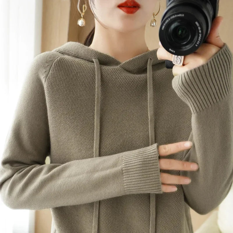 Women’s Hooded Knit Sweater – Warm Long Sleeve Autumn Winter Pullover