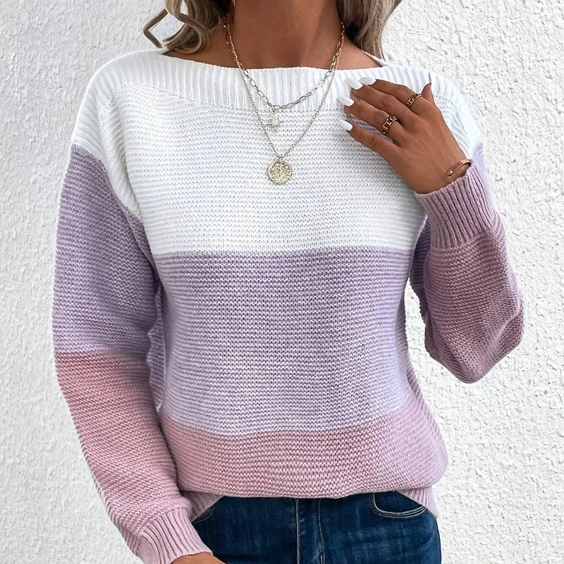 Women’s Contrast Color Round-Neck Knit Sweater – Casual Fall Pullover