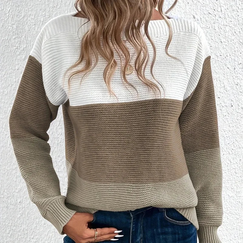 Women’s Contrast Color Round-Neck Knit Sweater – Casual Fall Pullover