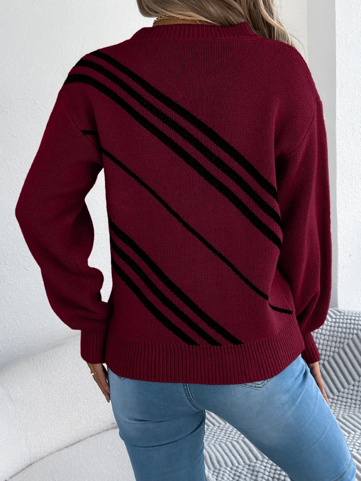 Women’s Twill Texture Color-Block Knit Sweater – Long Sleeve Vacation Top