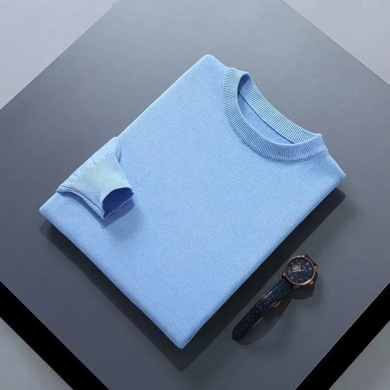 Men’s Soft Wool Sweater, Loose Round Neck Solid Warm Business Knit Top