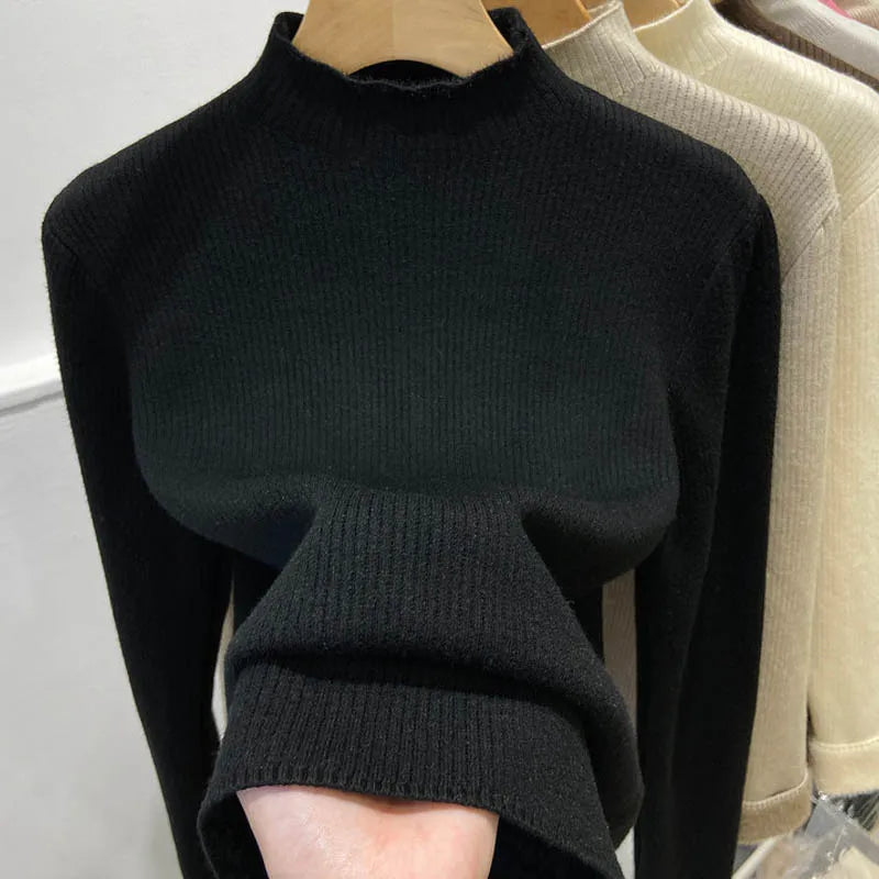 Women’s Thick Velvet Turtleneck Knit, Warm Black Slim Pullover Sweater