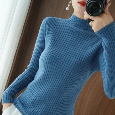Women’s Thick Warm Slim Sweater, Solid Knit Half-High Collar Autumn Winter