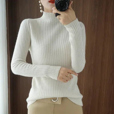 Women’s Thick Warm Slim Sweater, Solid Knit Half-High Collar Autumn Winter