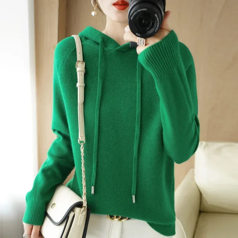 Women’s Hooded Knit Sweater – Warm Long Sleeve Autumn Winter Pullover