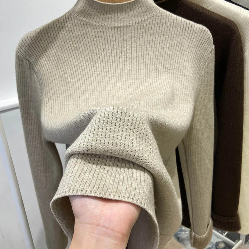 Women’s Thick Velvet Turtleneck Knit, Warm Black Slim Pullover Sweater