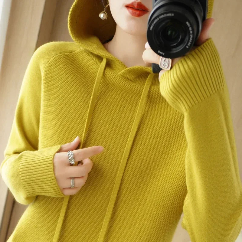 Women’s Hooded Knit Sweater – Warm Long Sleeve Autumn Winter Pullover