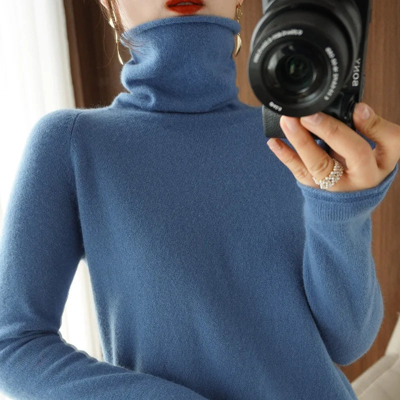 Women’s Turtleneck Slim Sweater, Solid High-Stretch Knit Top Autumn Winter