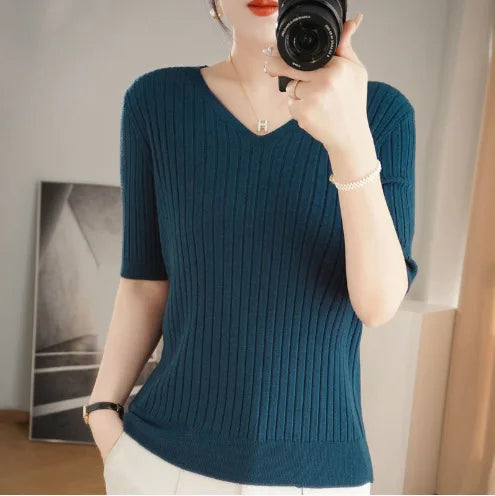 Women’s Short Sleeve V-Neck Knit Top – Casual Summer Stripe Pullover