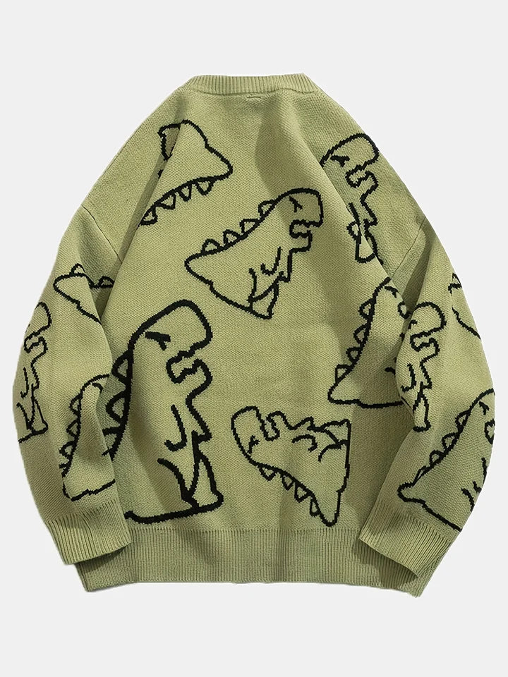 Oversized Dinosaur Knit Sweater for Women – Cozy Long Sleeve Pullover