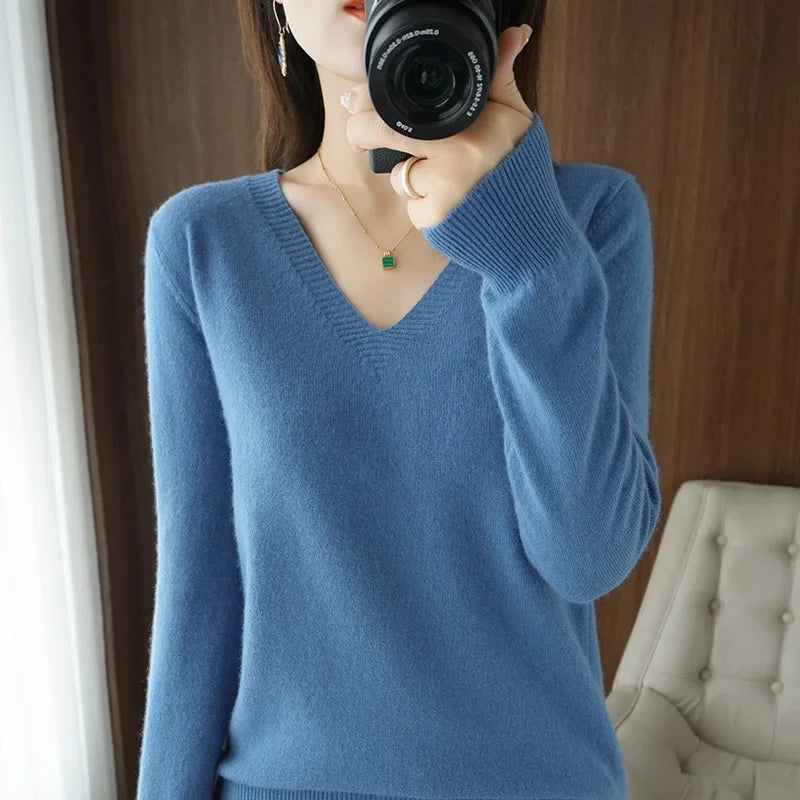 Women’s V-Neck Solid Knit Sweater – Casual Slim Fit Spring Autumn Top
