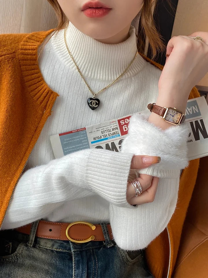 Women’s Retro Turtleneck Sweater, Velvet-Lined Thick Thermal Knit 2025