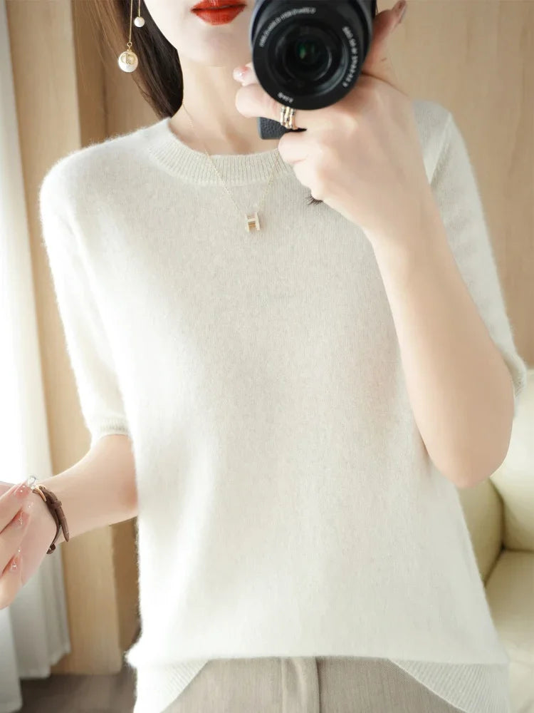 Short Sleeve O-Neck Knit Sweater for Women – Spring Summer Slim Pullover