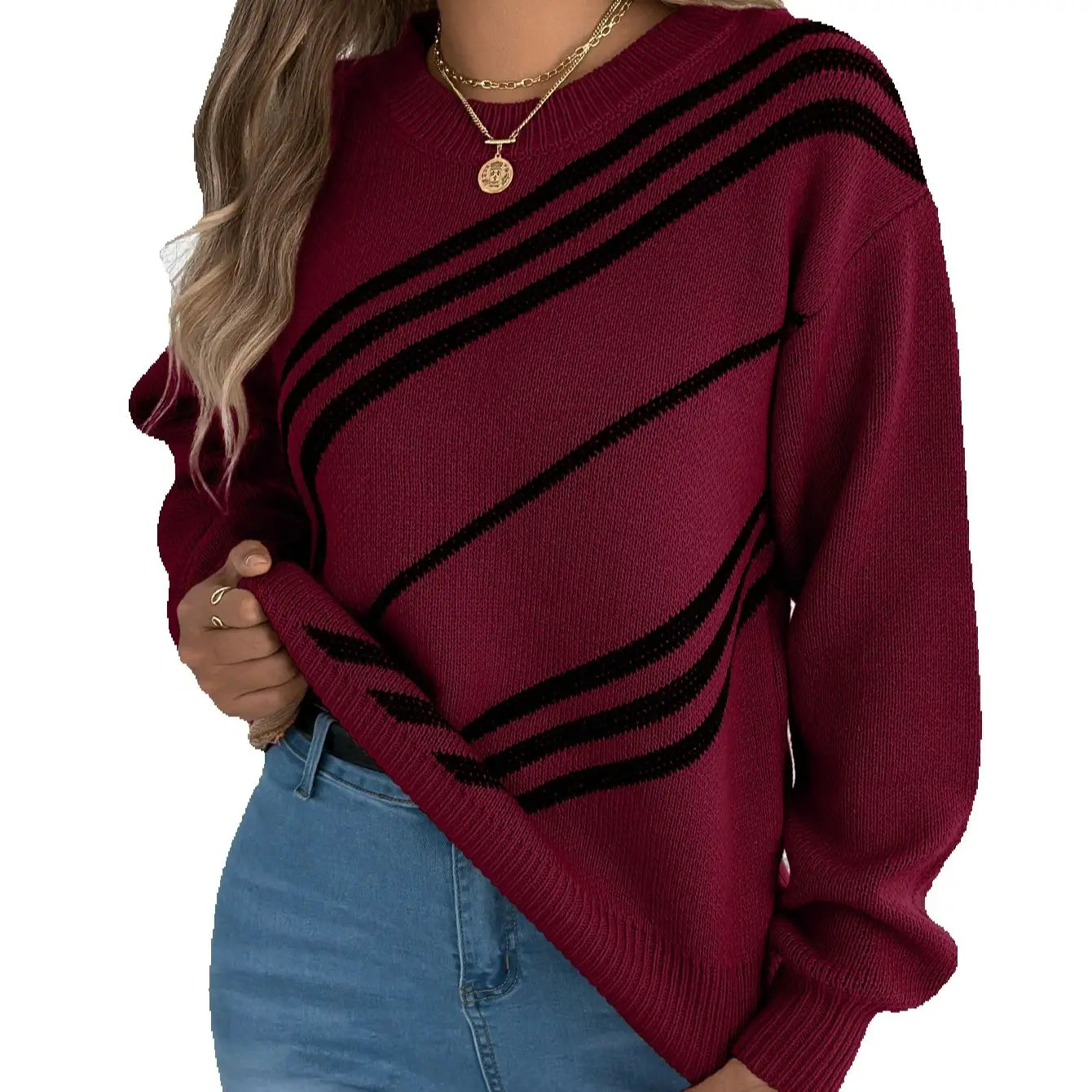 Women’s Twill Texture Color-Block Knit Sweater – Long Sleeve Vacation Top