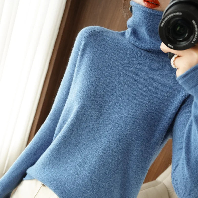 Women’s Turtleneck Slim Sweater, Solid High-Stretch Knit Top Autumn Winter