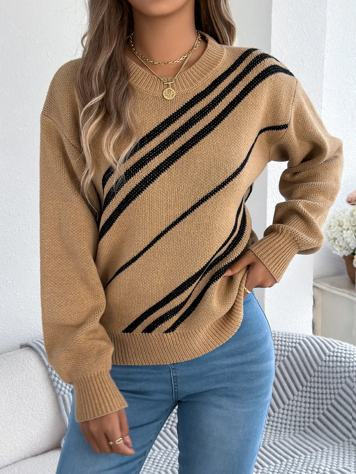 Women’s Twill Texture Color-Block Knit Sweater – Long Sleeve Vacation Top
