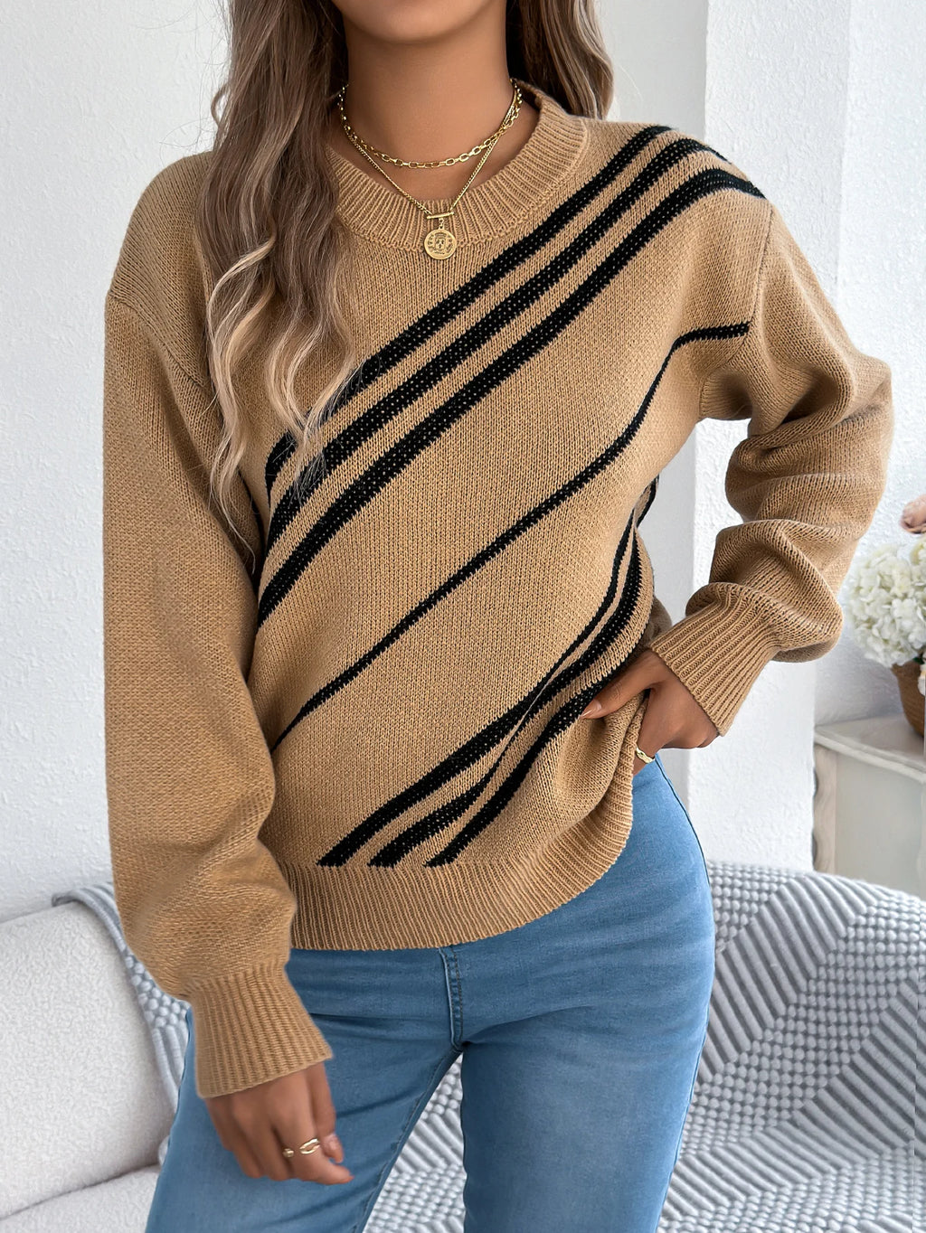 Women’s Twill Texture Color-Block Knit Sweater – Long Sleeve Vacation Top