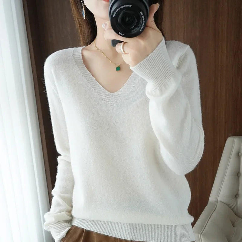 Women’s V-Neck Solid Knit Sweater – Casual Slim Fit Spring Autumn Top