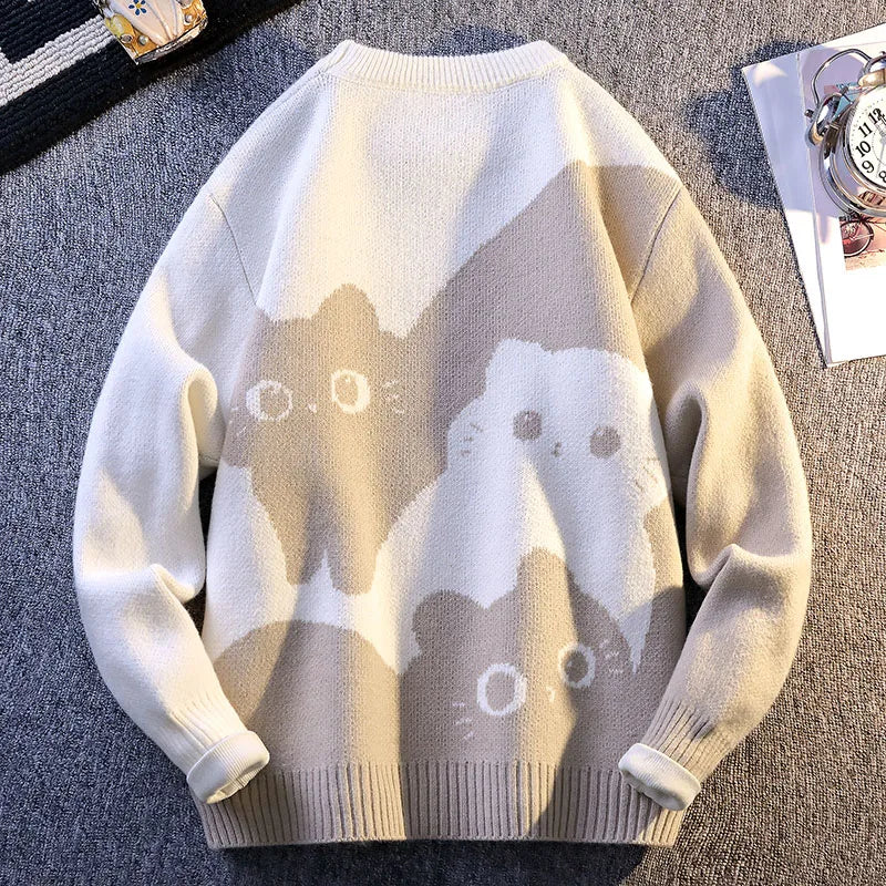 Men’s Cartoon Cat Knit Sweater 2025 – Warm Autumn/Winter Pullover Home Wear