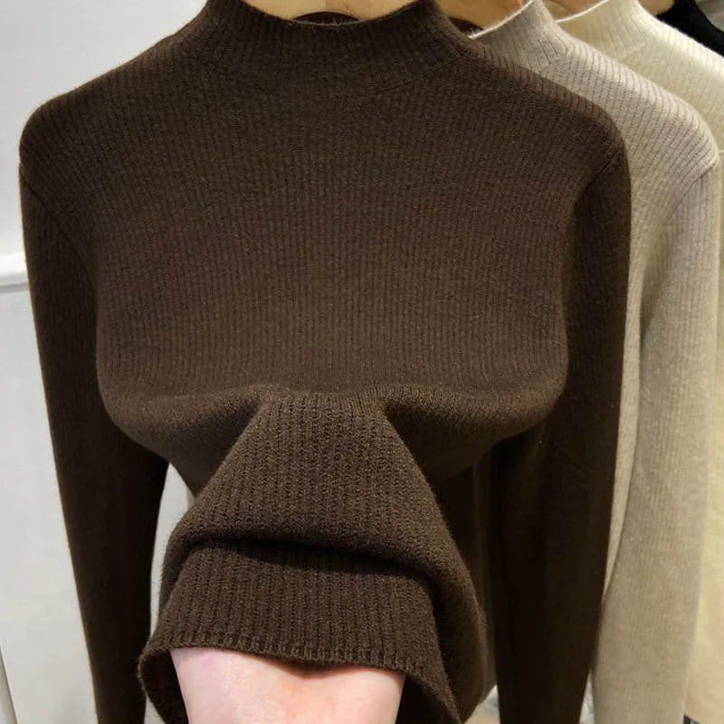 Women’s Thick Velvet Turtleneck Knit, Warm Black Slim Pullover Sweater