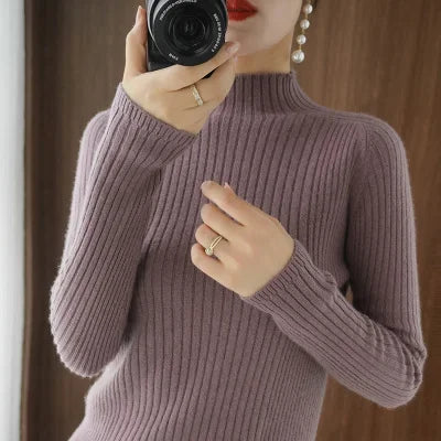 Women’s Thick Warm Slim Sweater, Solid Knit Half-High Collar Autumn Winter