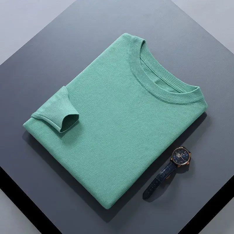 Men’s Soft Wool Sweater, Loose Round Neck Solid Warm Business Knit Top