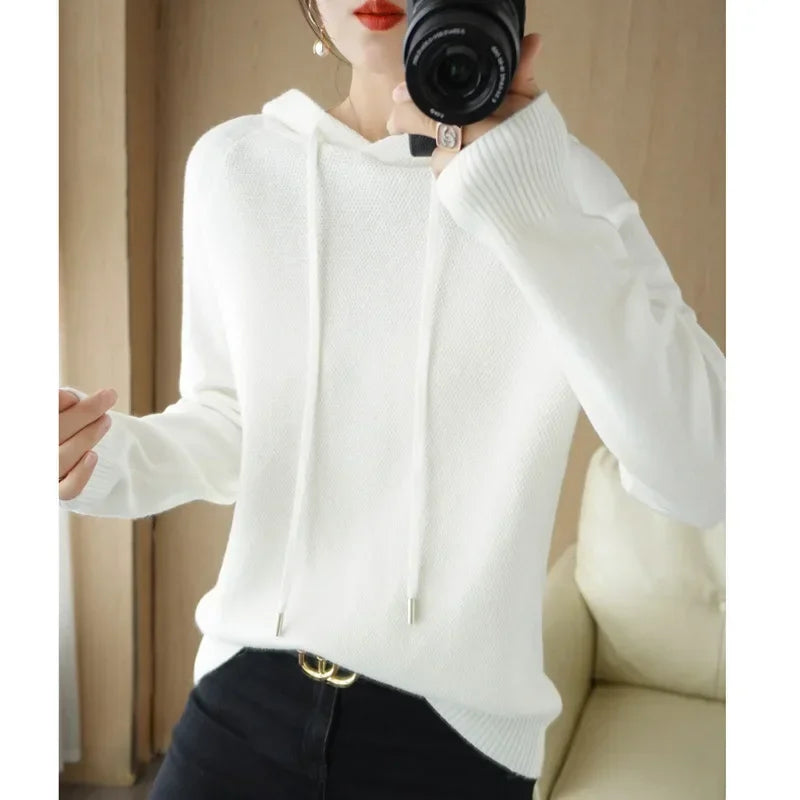Women’s Hooded Knit Sweater – Warm Long Sleeve Autumn Winter Pullover