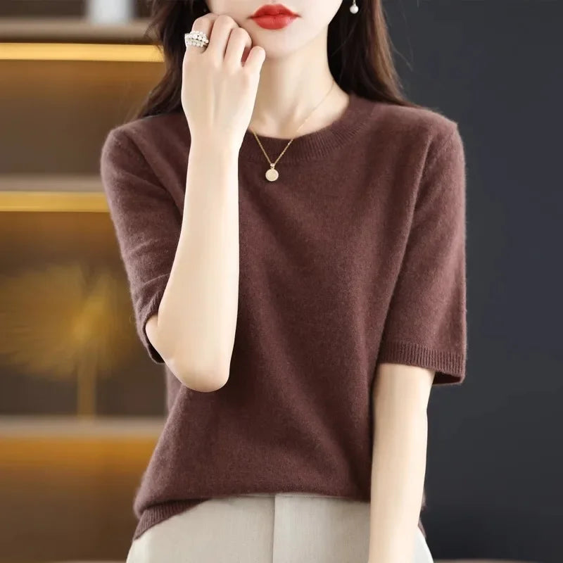 Short Sleeve O-Neck Knit Sweater for Women – Spring Summer Slim Pullover