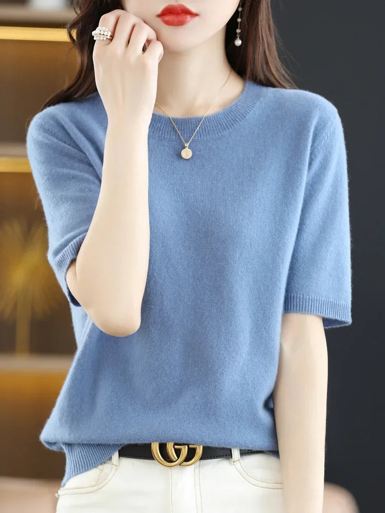 Short Sleeve O-Neck Knit Sweater for Women – Spring Summer Slim Pullover