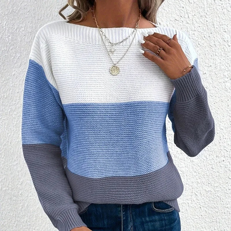 Women’s Contrast Color Round-Neck Knit Sweater – Casual Fall Pullover