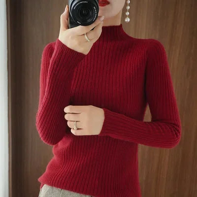 Women’s Thick Warm Slim Sweater, Solid Knit Half-High Collar Autumn Winter
