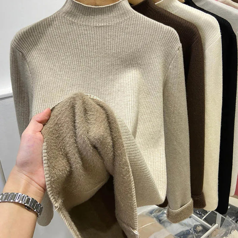 Women’s Thick Velvet Turtleneck Knit, Warm Black Slim Pullover Sweater